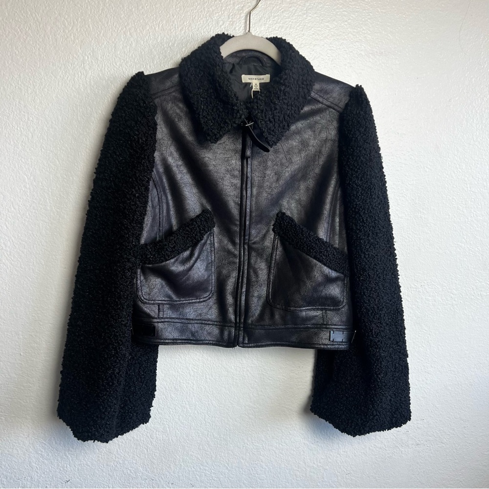 MAX STUDIO LONDON Faux Leather Jacket With Fur Sleeves And Collar Size M NWT - Picture 3 of 10